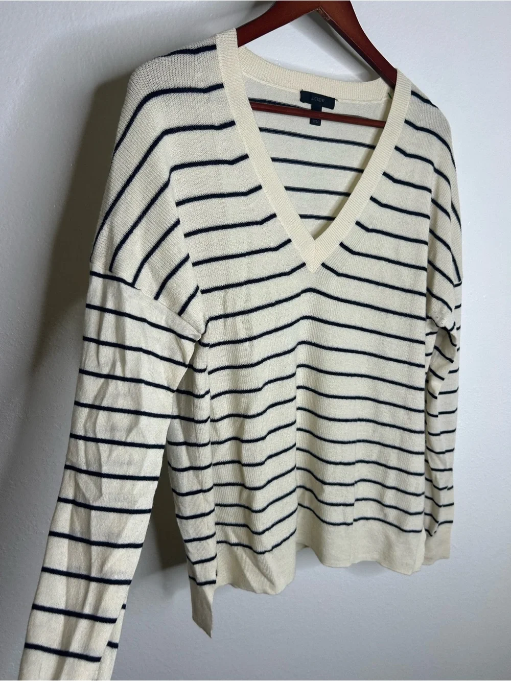 J. Crew Merino Wool Cotton Striped Cream Navy Lightweight V - Neck Sweater